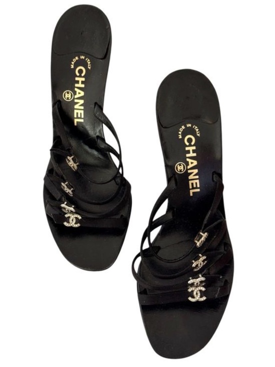 CHANEL Shoes - Vintage Chanel Black Satin Rhinestone CC Strap Slide Heels / Mules